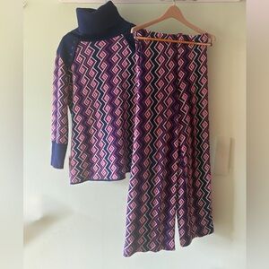 Vintage 70s Knit Sweater & Flare Pants Set Geometric Mod Lounge Set